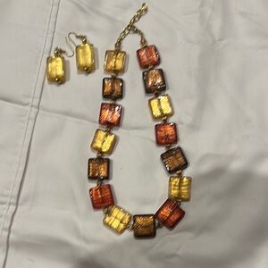 Gold and Orange Statement Necklace with Geometric Beads